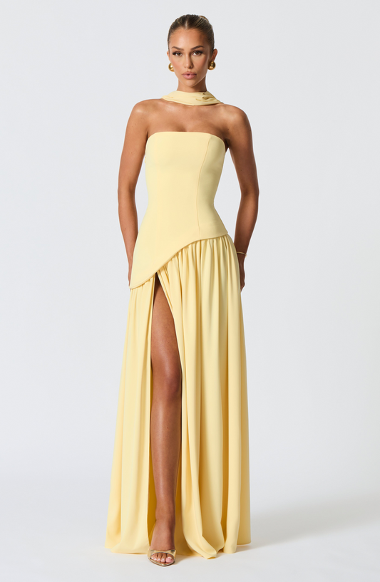 Women’s Strapless Maxi Evening Dress with Draped Bodice and High Slit